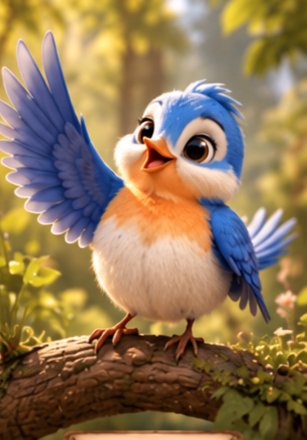 Sky, a blue and orange bird with open wings