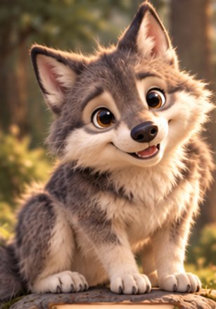 Zev, a grey wolf pup smiling