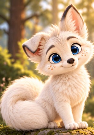 Marlo, a small white arctic fox with blue eyes, freckles and one folded ear