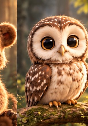 Ollie, a speckled brown owl on a branch