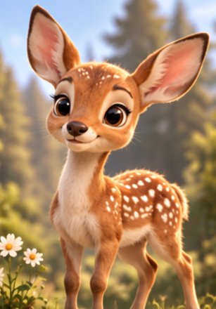 Daisy, a spotted fawn standing by white flowers